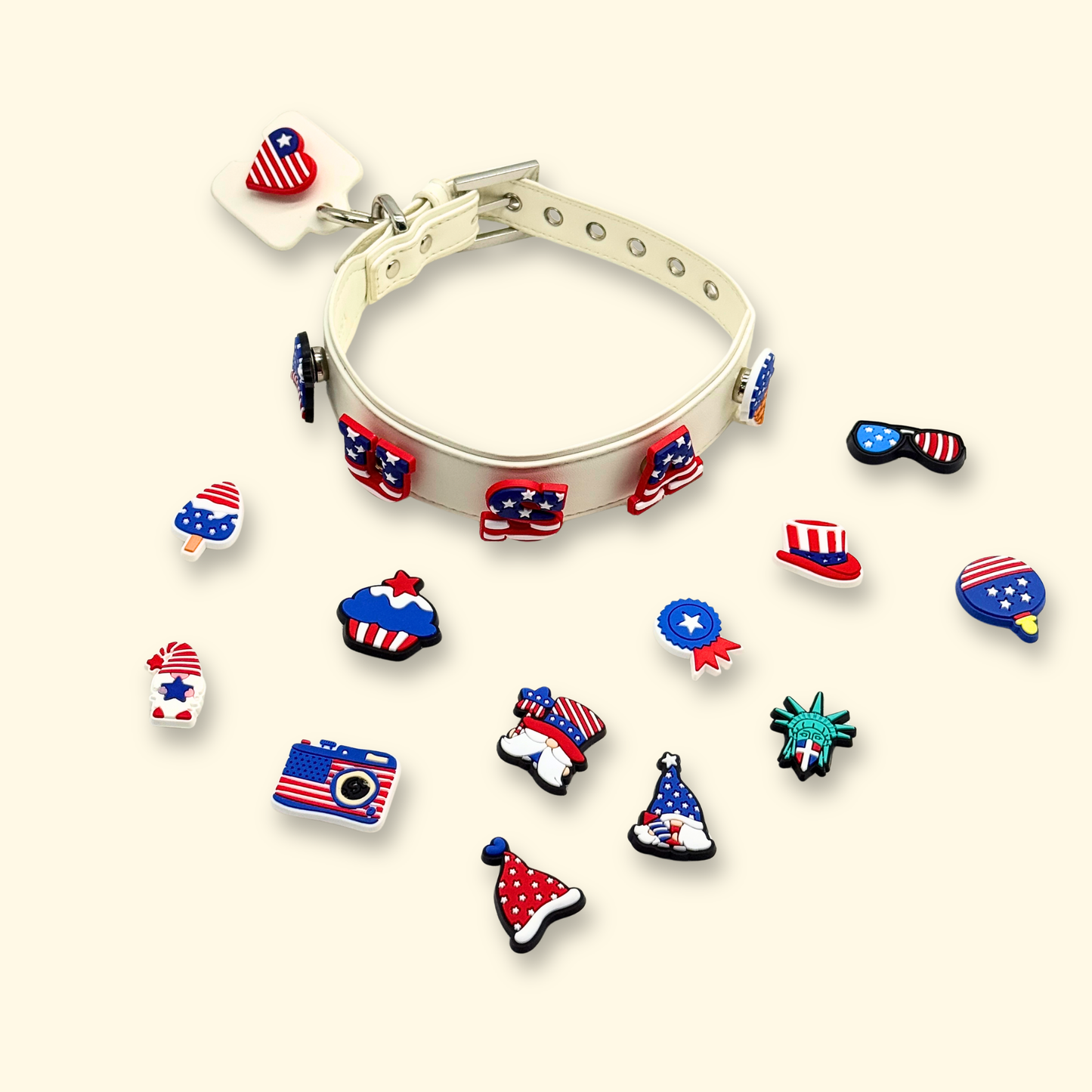 4th of July dog collar with interchangeable patriotic pet charms