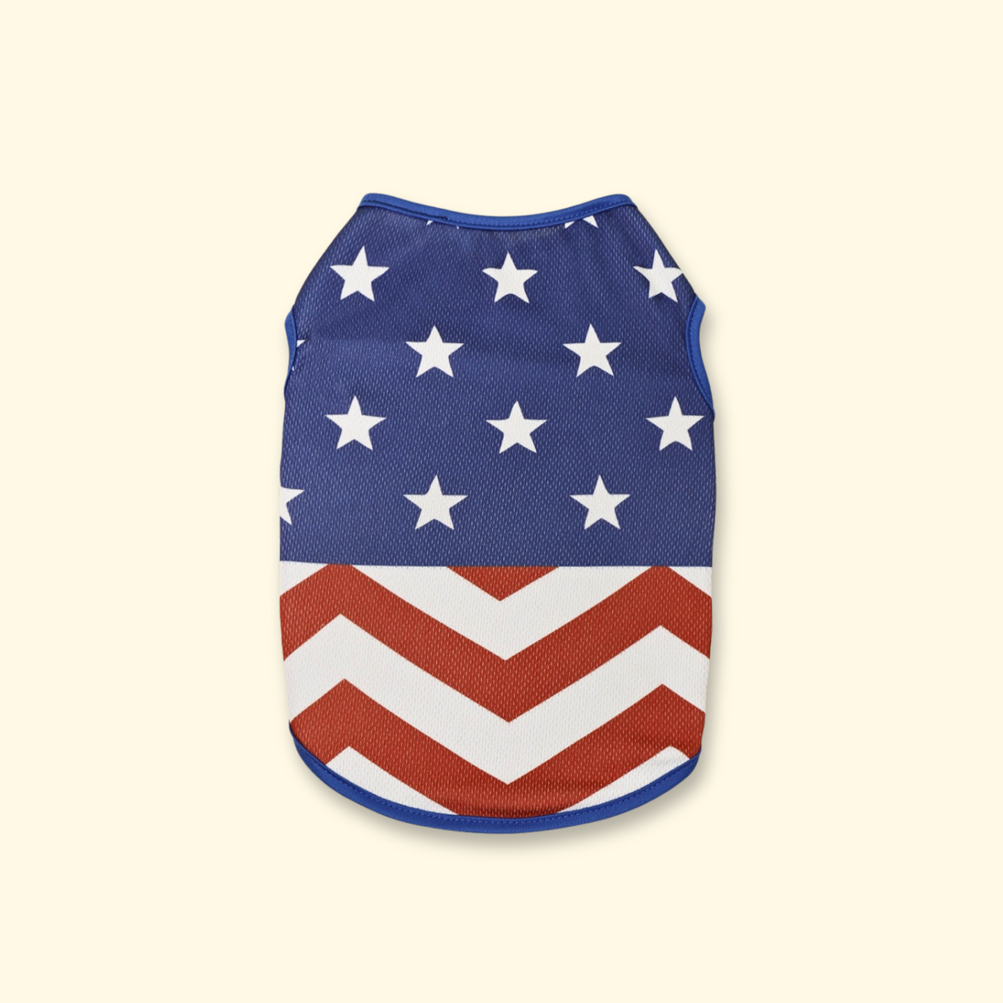 Patriotic dog shirt with blue stars and red chevron stripes