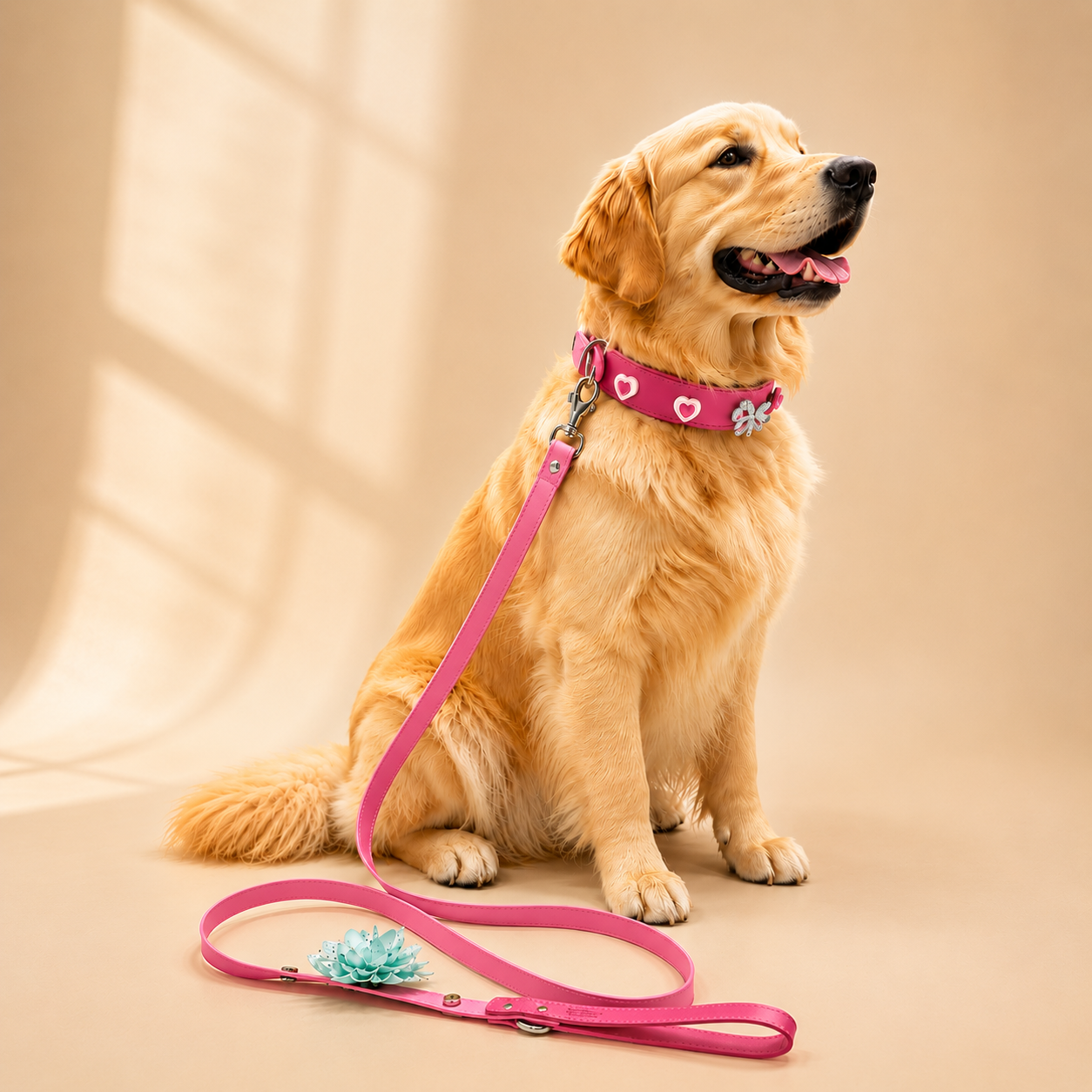 Golden Retriever wearing a pink adjustable dog collar and matching leash set