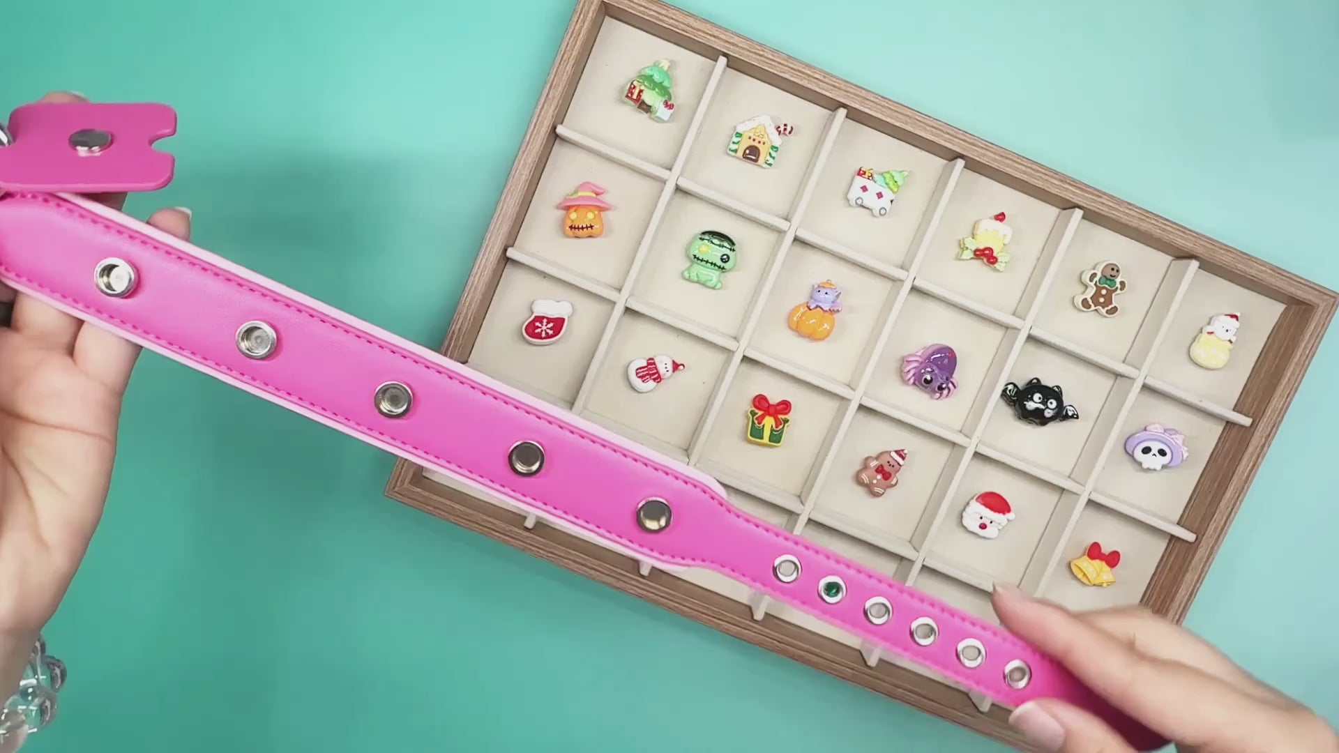 Load video: Video showing how to add and swap snap-on dog collar charms on Petiria collars.