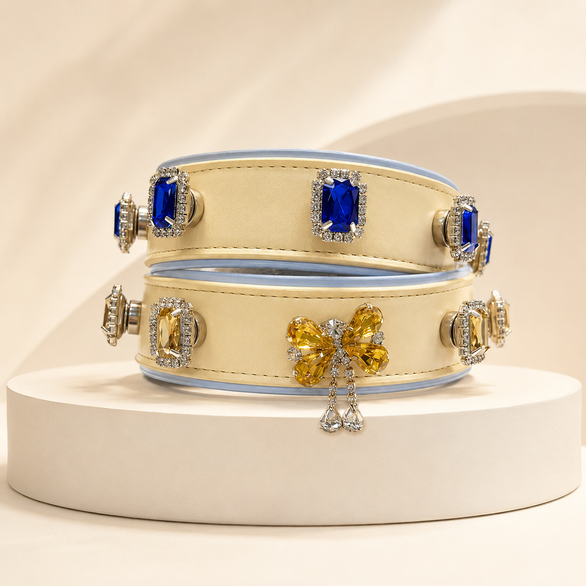 Rhinestone dog collar charms styled on Petiria collars in blue and yellow
