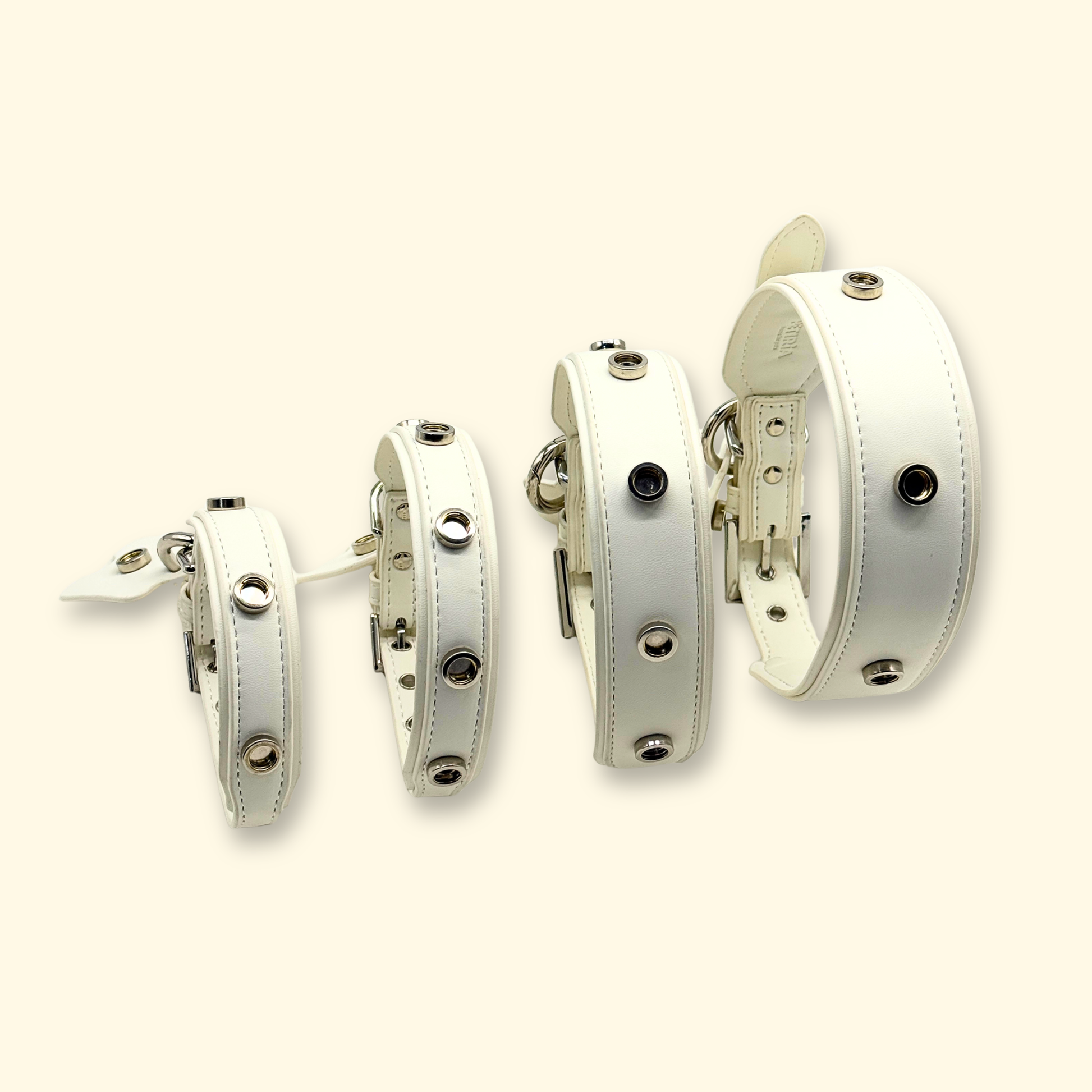 White charm-ready dog collars in multiple sizes designed for interchangeable pet charms