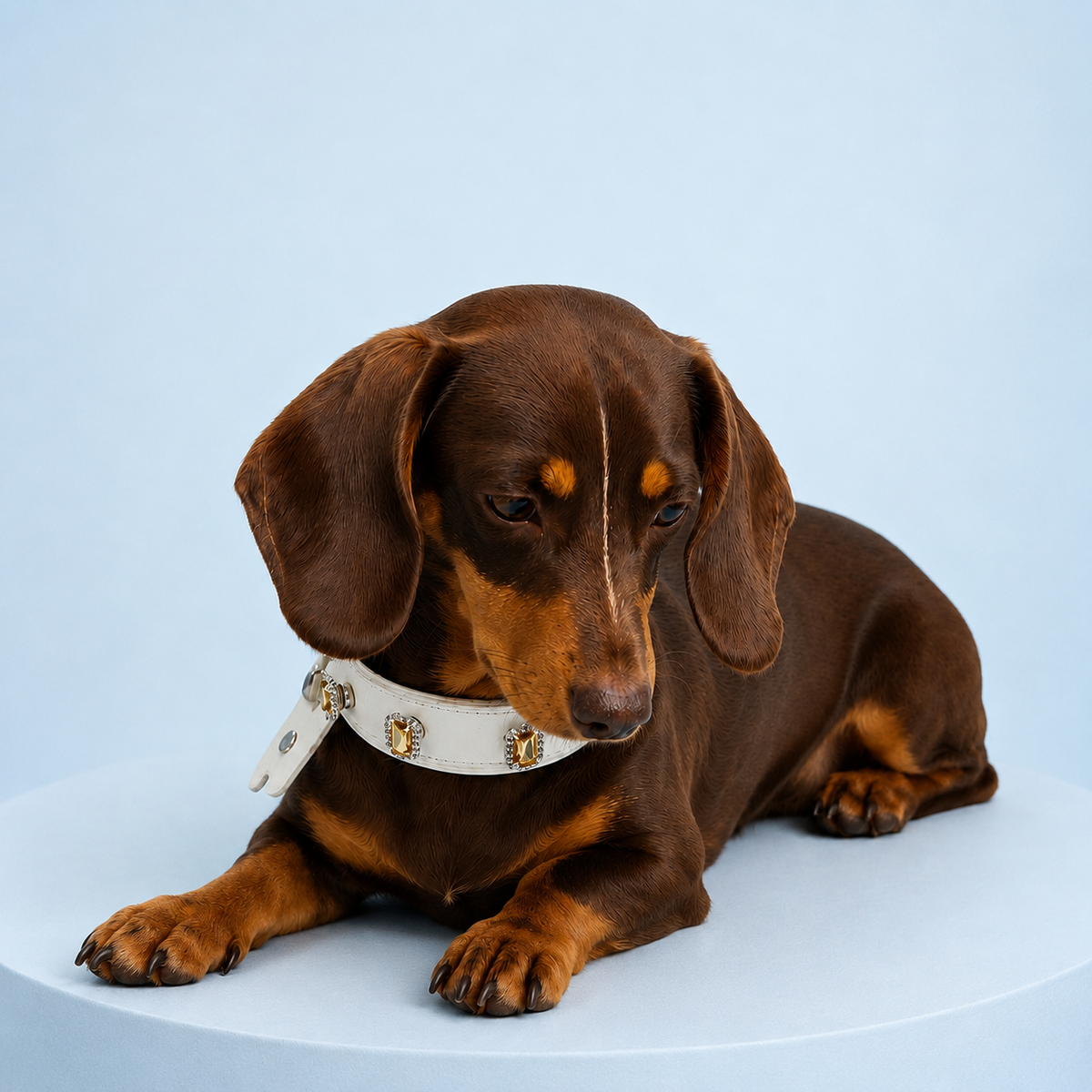 Dachshund wearing a white Petiria collar with yellow rhinestone dog collar charms